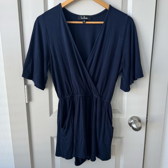 Lulus Playtime Navy Blue Jersey Flutter Sleeve Surplice Romper Size Medium - Picture 2 of 9